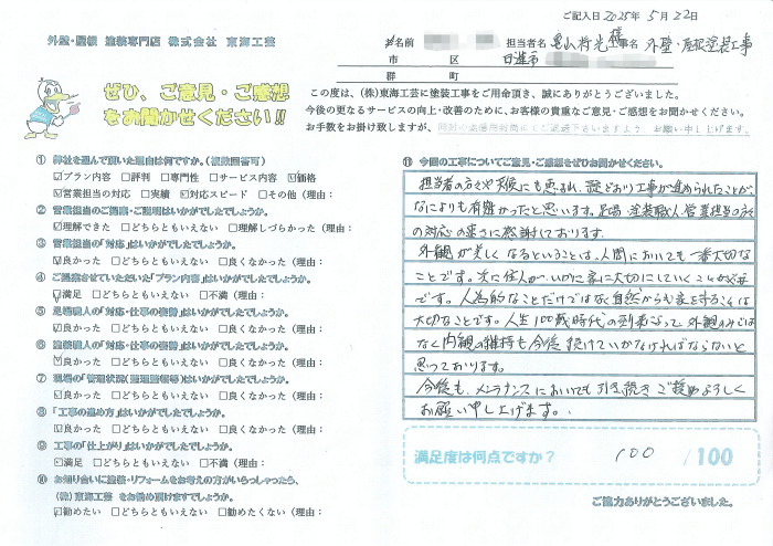 足場・塗装職人・営業担当の方々の対応の速さに感謝しております